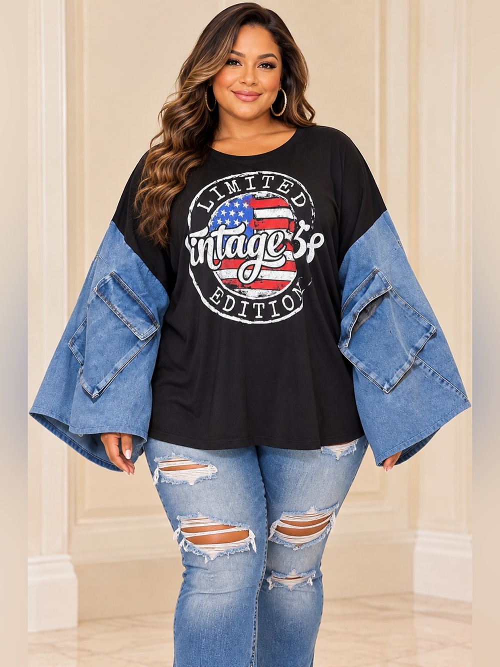 Upcycled Vintage Limited Edition Black Tee with Denim Balloon Sleeves size 3X